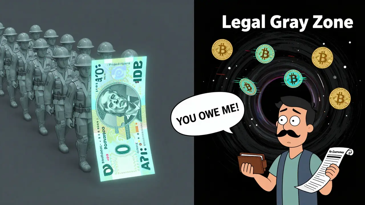 Split-screen: orderly digital peso soldiers vs wild crypto tokens falling into a black hole labeled 'Legal Gray Zone.'