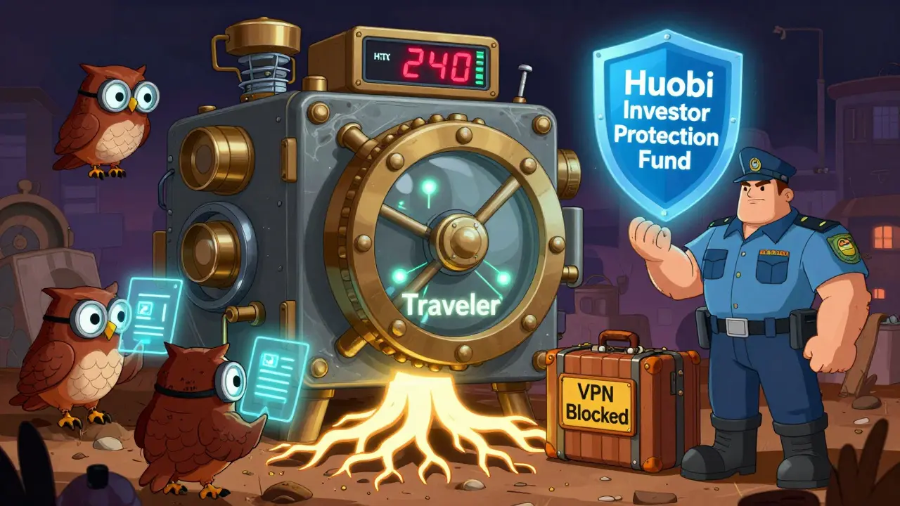 Steampunk HTX security vault with Merkle roots, robotic owls scanning trades, VPN blocked.