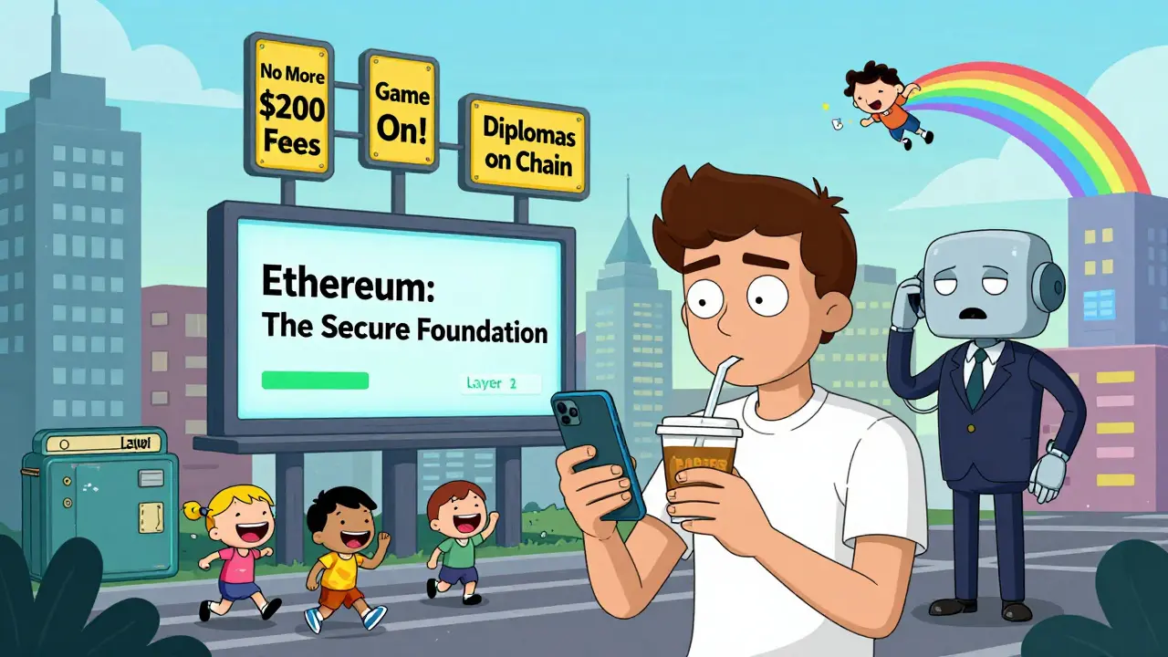 Surreal city of wallets and blockchains where someone casually trades NFTs with near-zero fees.