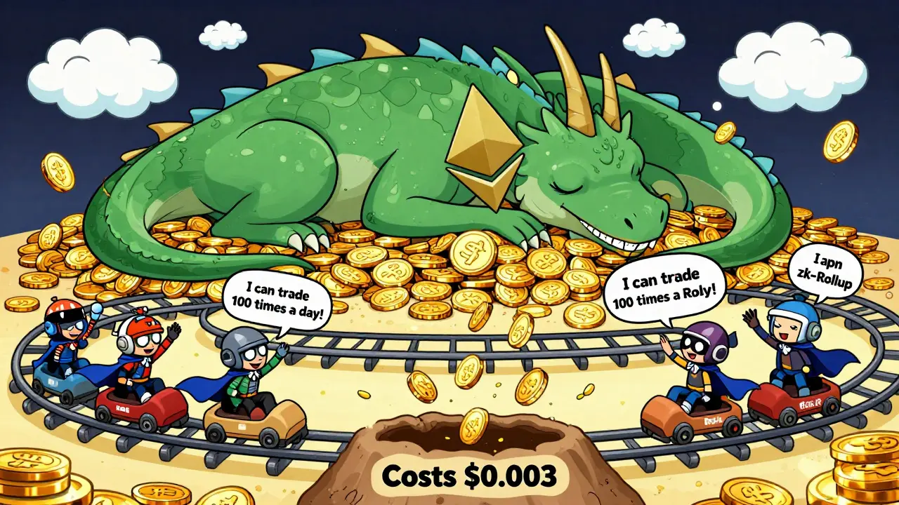 Tiny adventurers riding rollercoasters through transaction tunnels while a sleepy Ethereum dragon snores above.