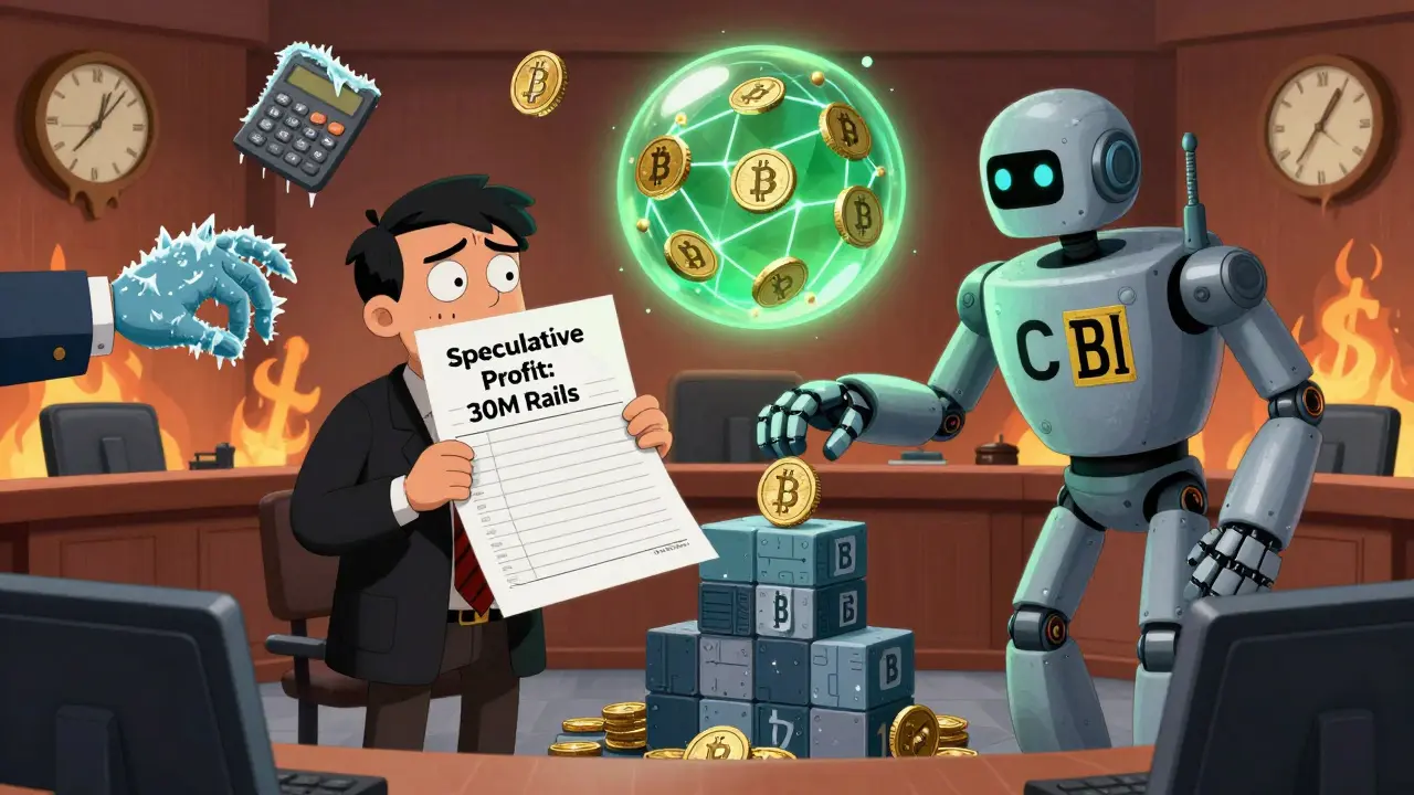 Trader in blockchain courtroom facing tax judge as USDT freezes and DAI glows safely in green bubble.