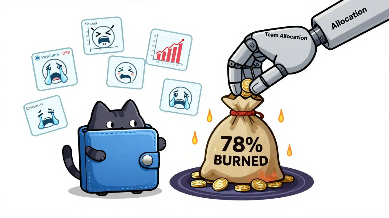 A cat-paw wallet trading CANDLE tokens as price charts turn into crying faces, with a hand burning 78% of supply.