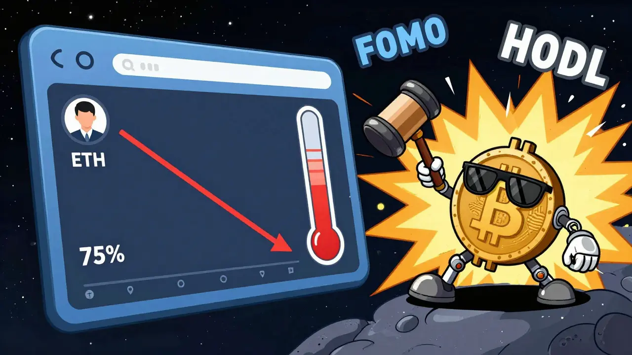 A crypto wallet shrinks as a robotic hammer auctions off Bitcoin, with a rising red liquidation meter and floating memes around it.