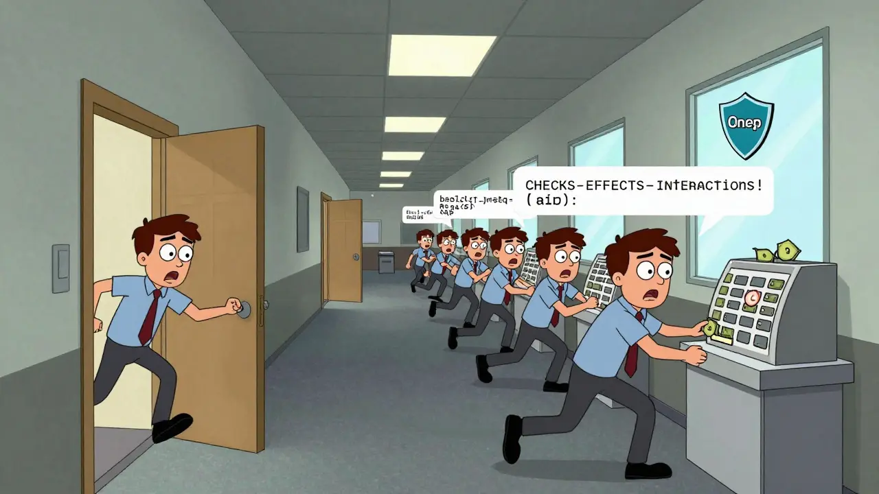 A developer trapped in a looping reentrancy hallway, endlessly withdrawing cash while code screams safety advice.