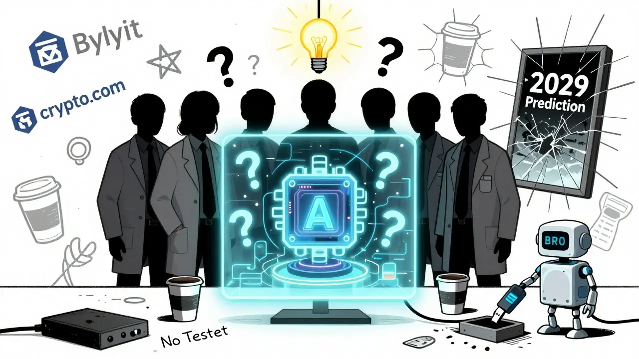 A faceless team standing beside a broken AI-blockchain engine with floating question marks.