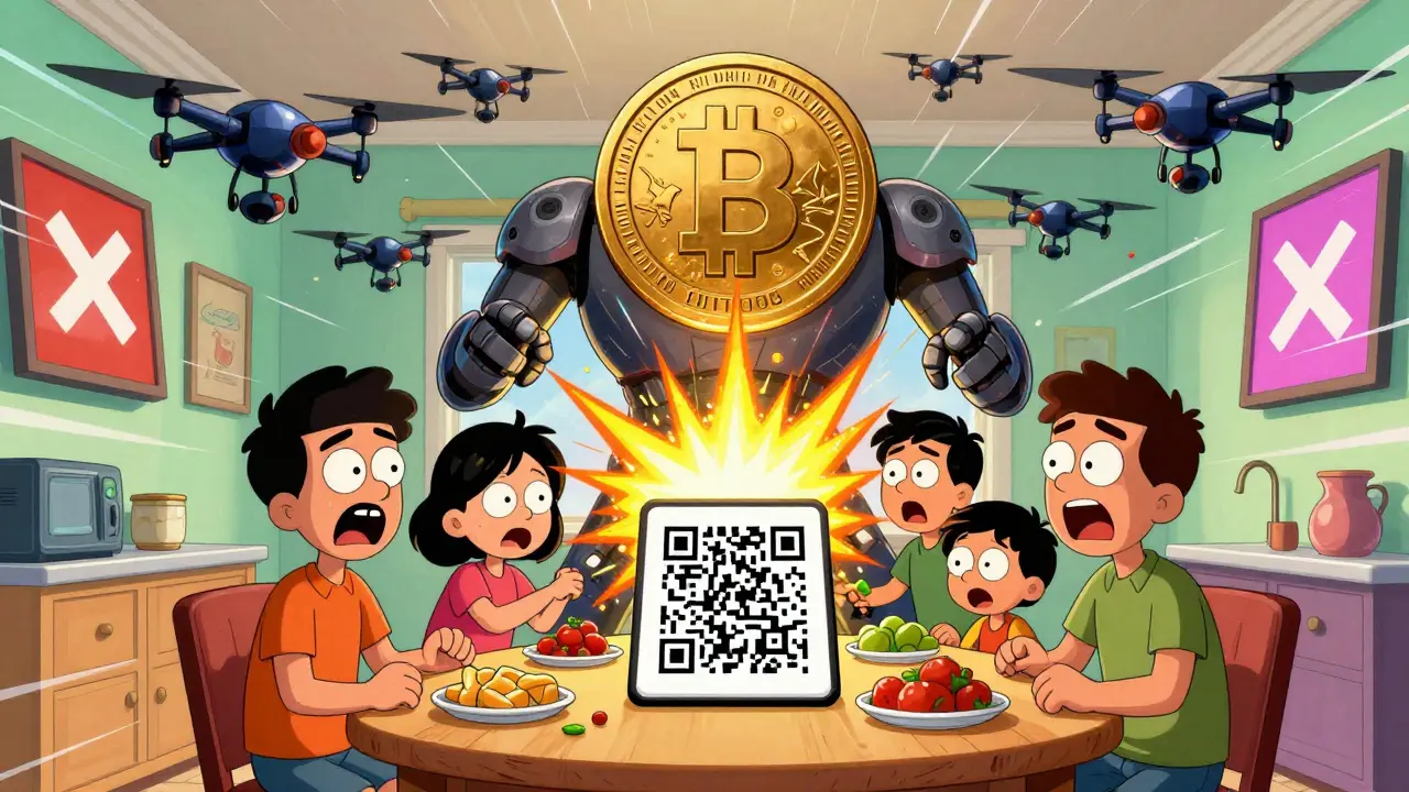 A family trying to pay for groceries with Bitcoin as government drones swarm and a giant Digital Rial coin looms.