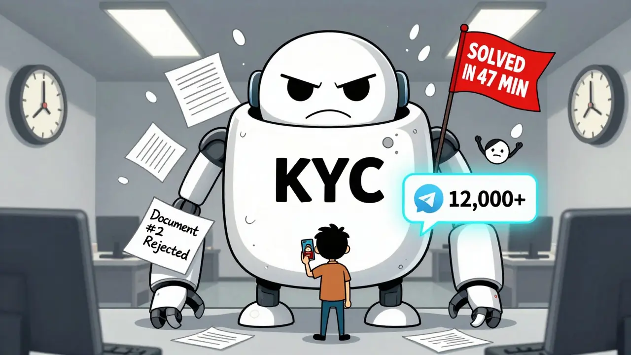 A frustrated user facing a giant bureaucratic KYC robot, with a glowing Telegram support chat behind them.