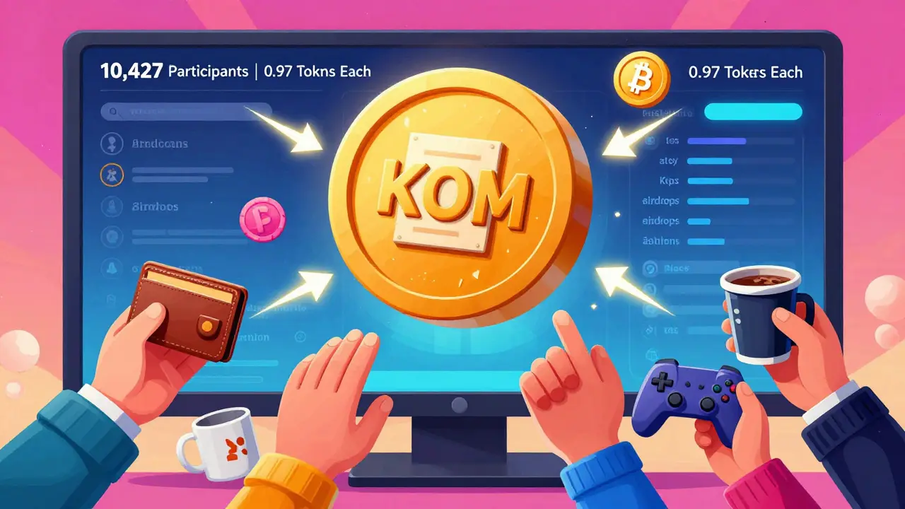 A giant KOM token hovers above hands reaching from below, with voting and staking icons glowing around it in bold cartoon colors.