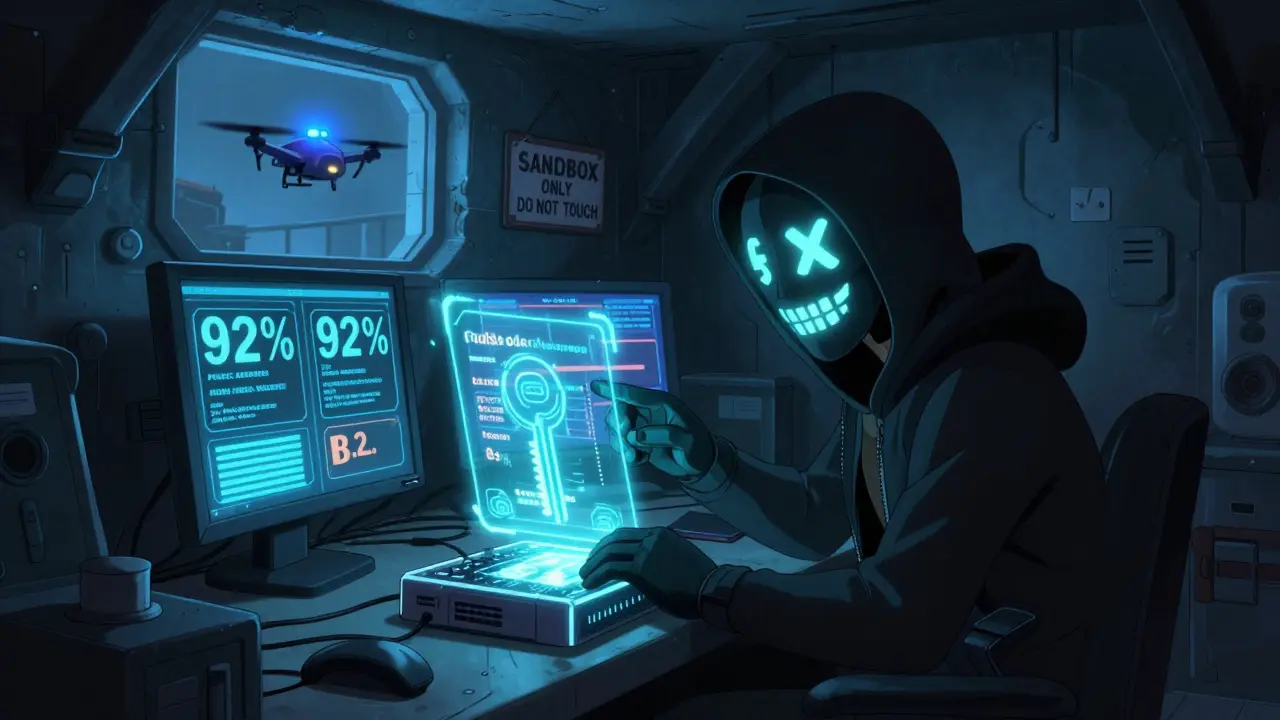 A hacker in a bunker adjusts a Zcash device with a court-ordered decryption key, monitored by a police drone.