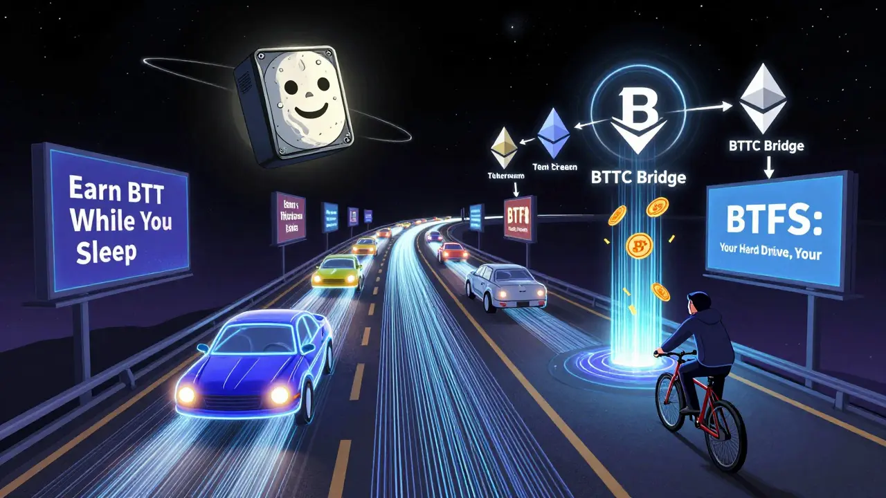 A highway of data cables with torrent cars and BTT billboards under a hard drive moon.