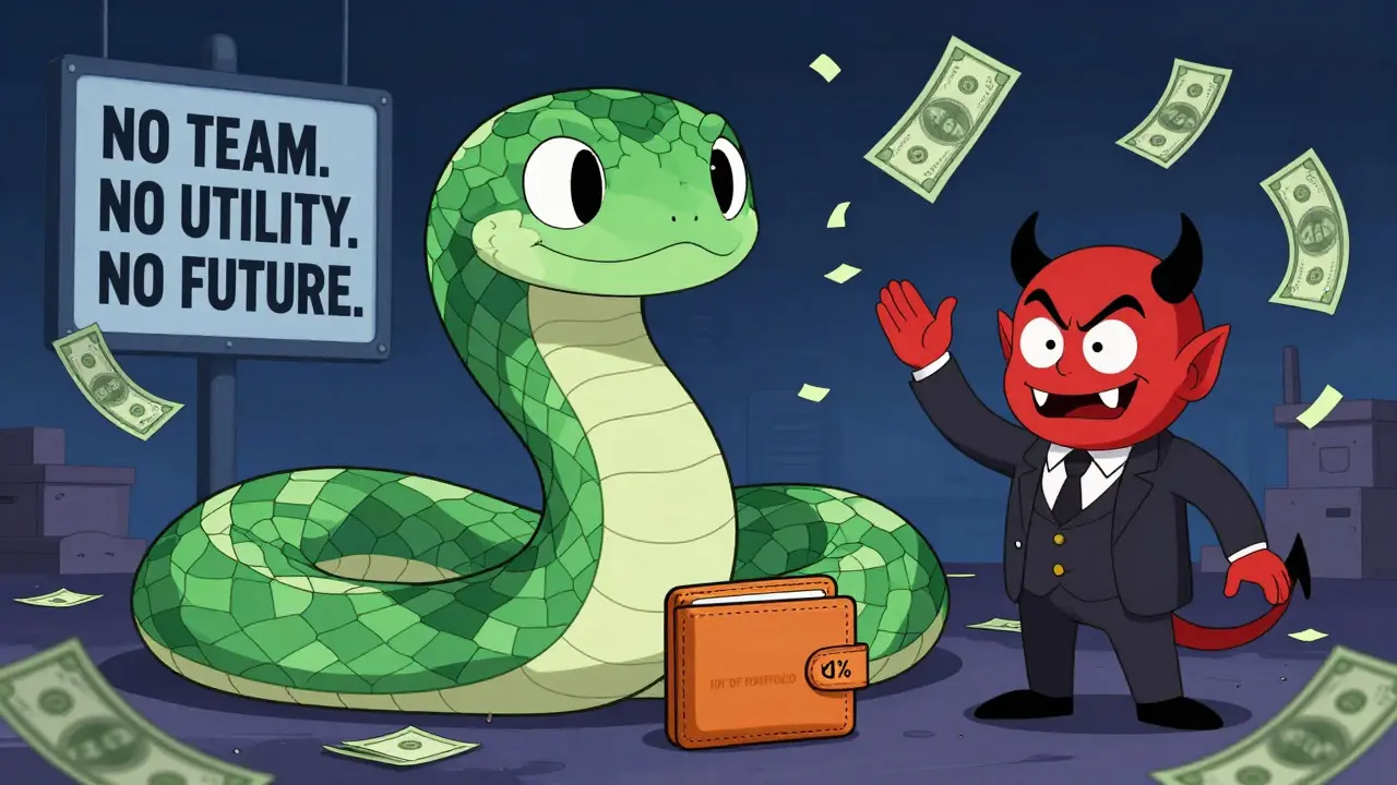 A hybrid blockchain serpent coils around a wallet as a 'Pump &amp; Dump' demon scatters fake money.