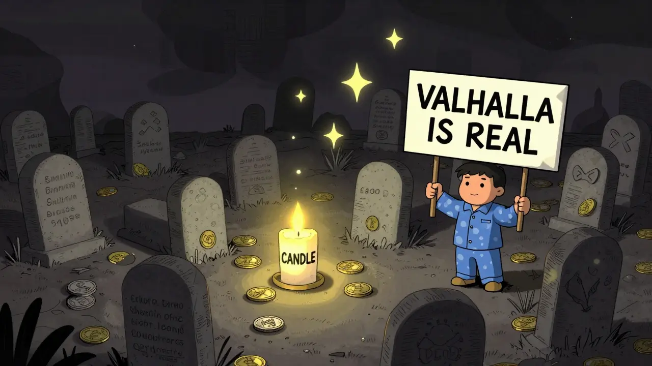 A lone candle lights a graveyard of dead meme coins, with a trader holding a 'VALHALLA IS REAL' sign under Solana stars.