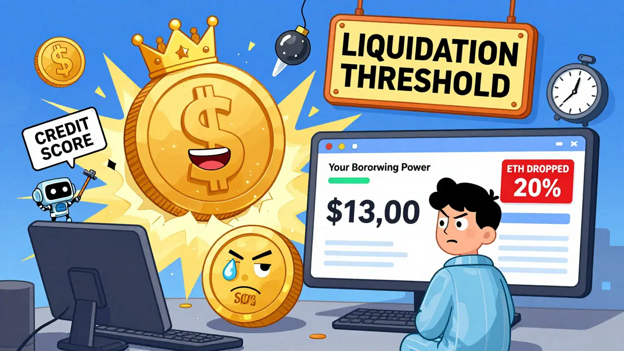 A nervous person stares at a DeFi dashboard with warning alerts, while crypto assets with faces react to price drops and a robot crushes a credit score sign.