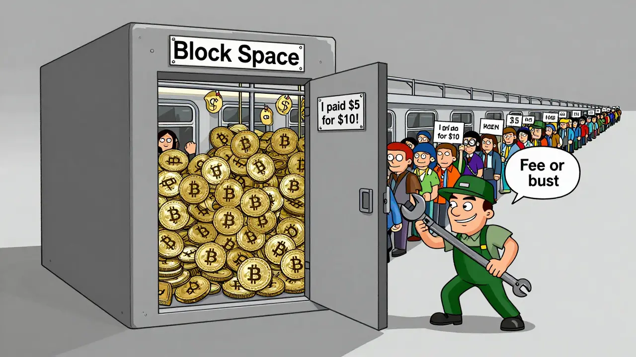A packed 1MB Bitcoin block with thousands of transactions waiting outside, as a miner smirks and closes the door.