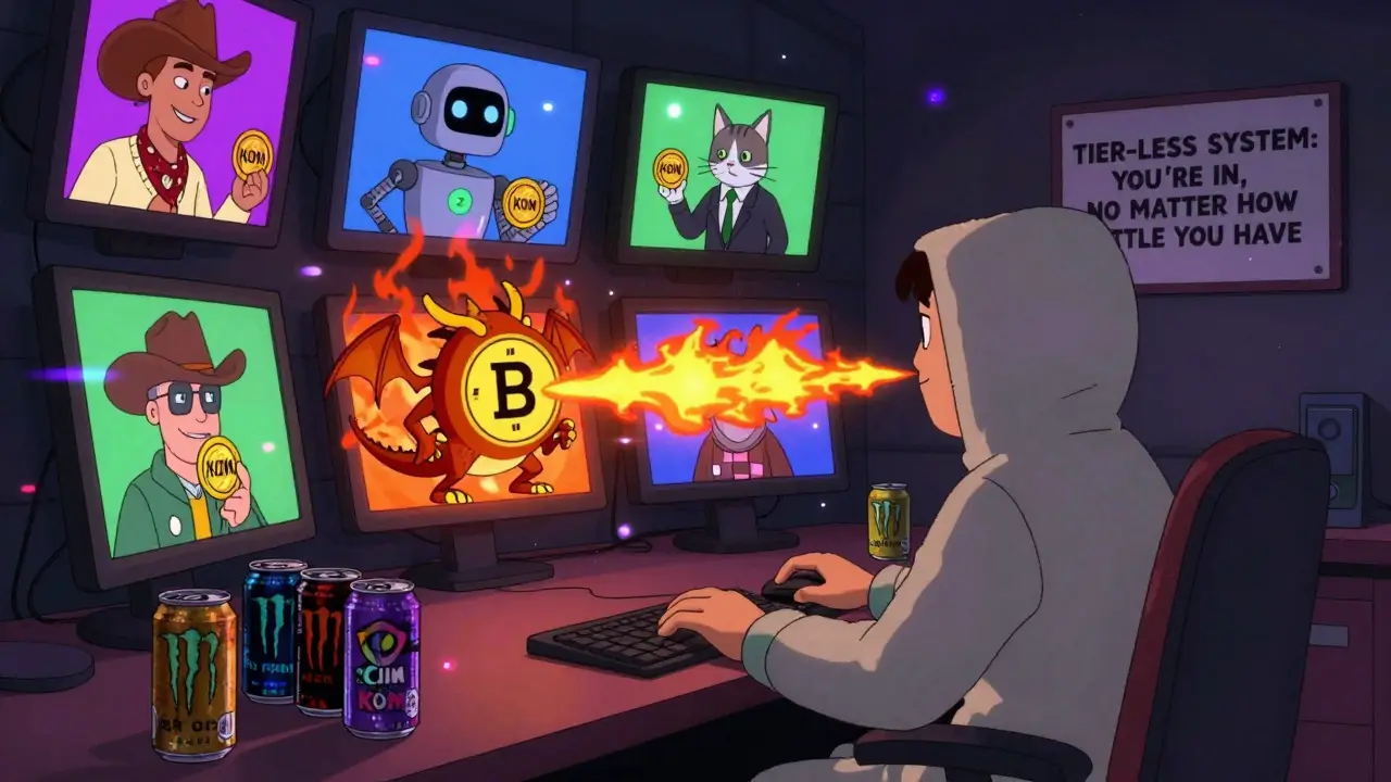 A person in pajamas clicks a mouse as a BNB Chain dragon breathes staking rewards, surrounded by chaotic TV screens of crypto participants.