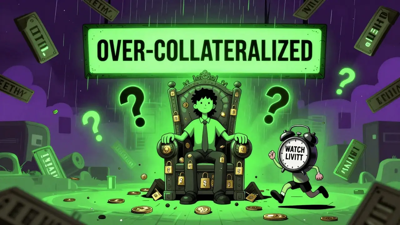 A person sits on a throne of locked crypto assets while a tiny version runs with an alarm clock, as falling prices and tweet explosions surround them.