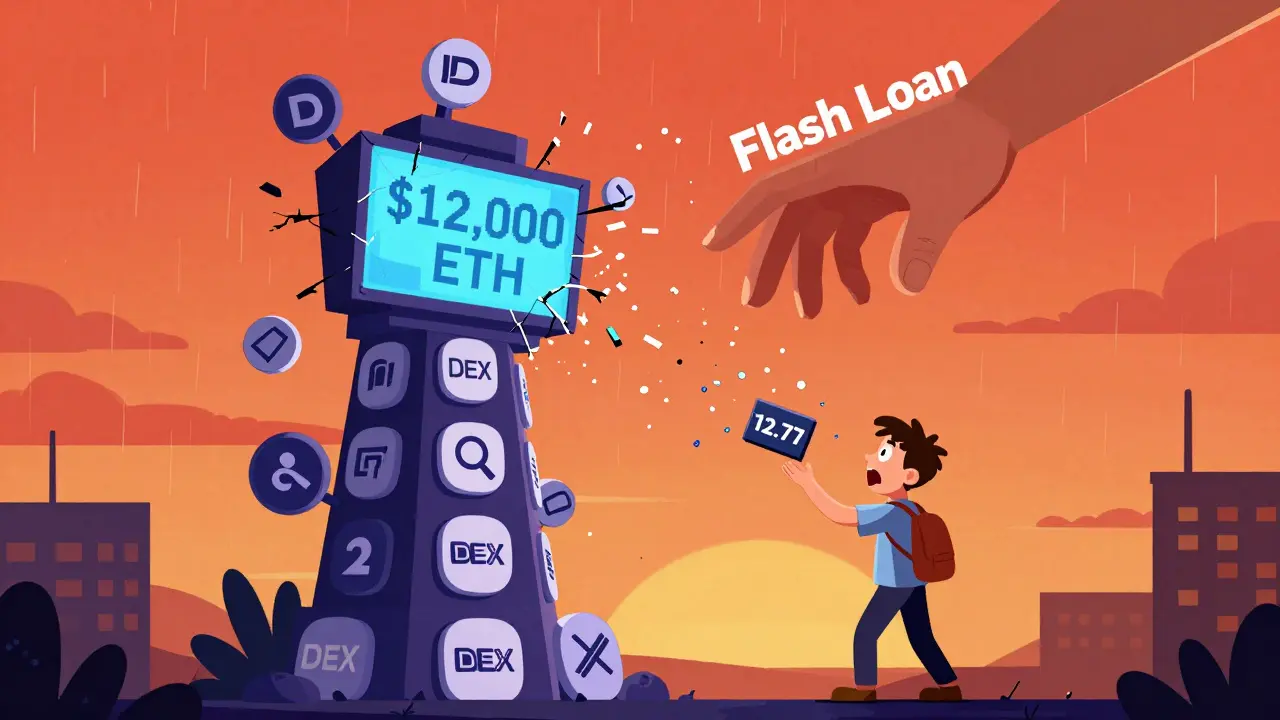 A price oracle tower collapses as fake ETH prices soar, with a user losing funds amid swirling DEX logos.