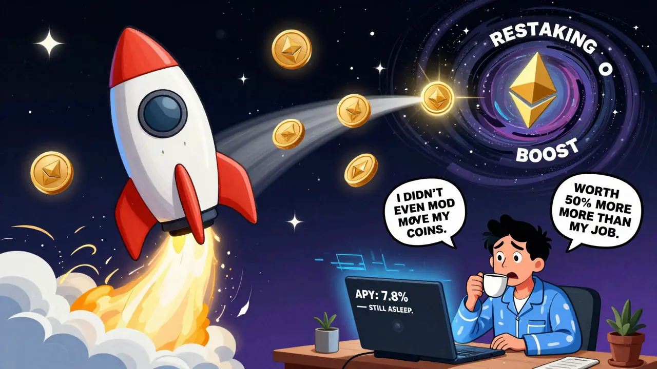 A rocket launches stETH coins into space, splitting into two reward streams as a user sips coffee.