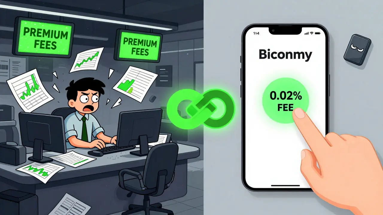 A split-screen comparison: chaotic cluttered exchange vs. calm, minimalist Biconomy app with low fees.