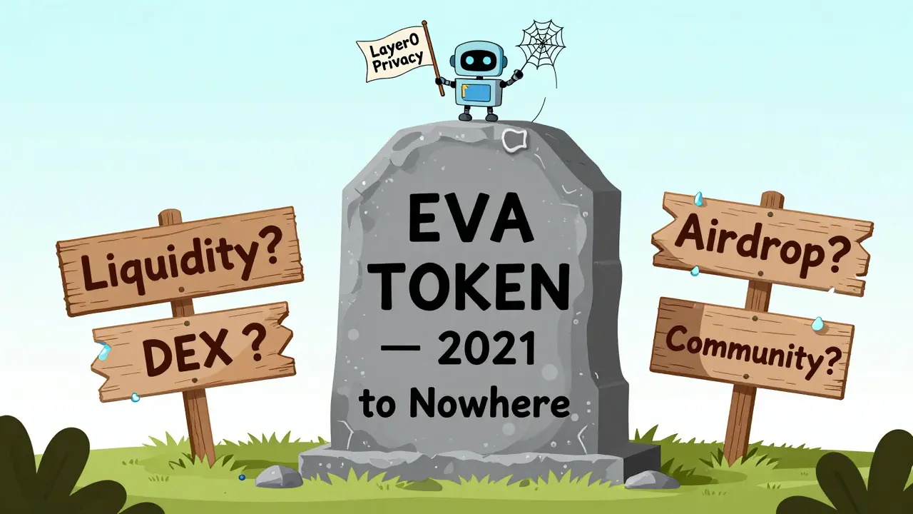 A tombstone for the EVA token stands amid crumbling signs of failed promises.