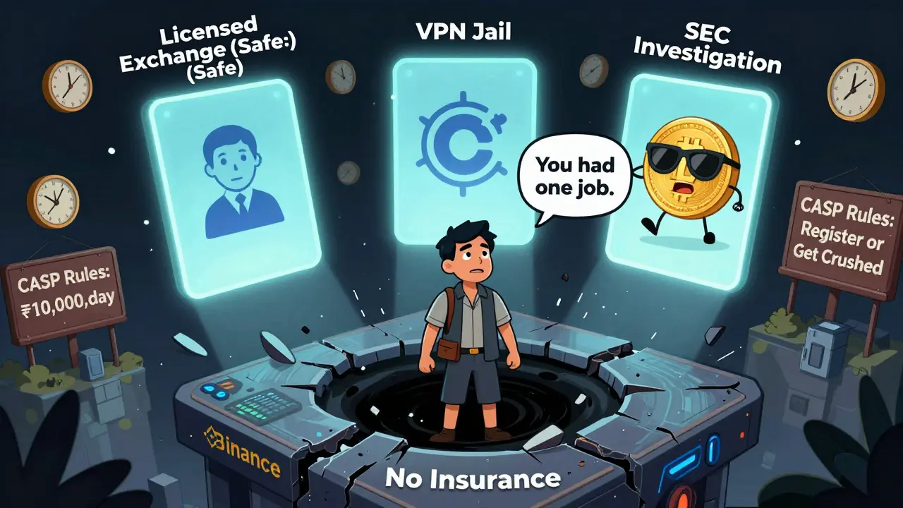 A trader falls from a crumbling Binance platform into a black hole, with three glowing portals labeled Safe, VPN Jail, and SEC Investigation.