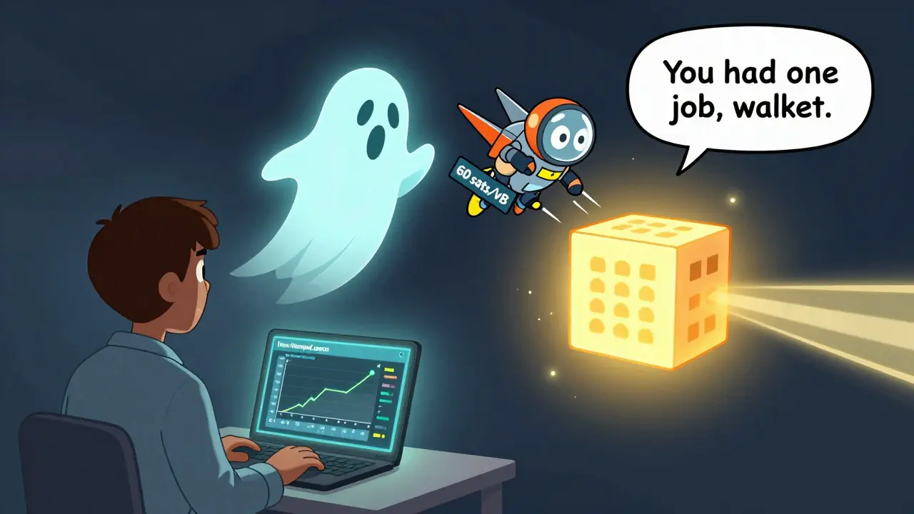 A user watches a live mempool dashboard as a child transaction with a jetpack drags a stuck transaction into a confirmed block.