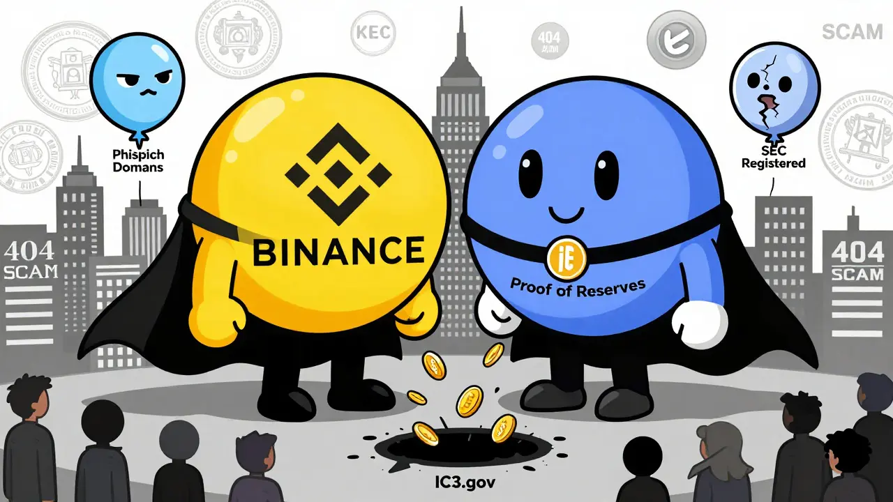 Binance and Coinbase stand as heroes on a skyline while Koindex is a deflated balloon sinking in a sewer of phishing sites.
