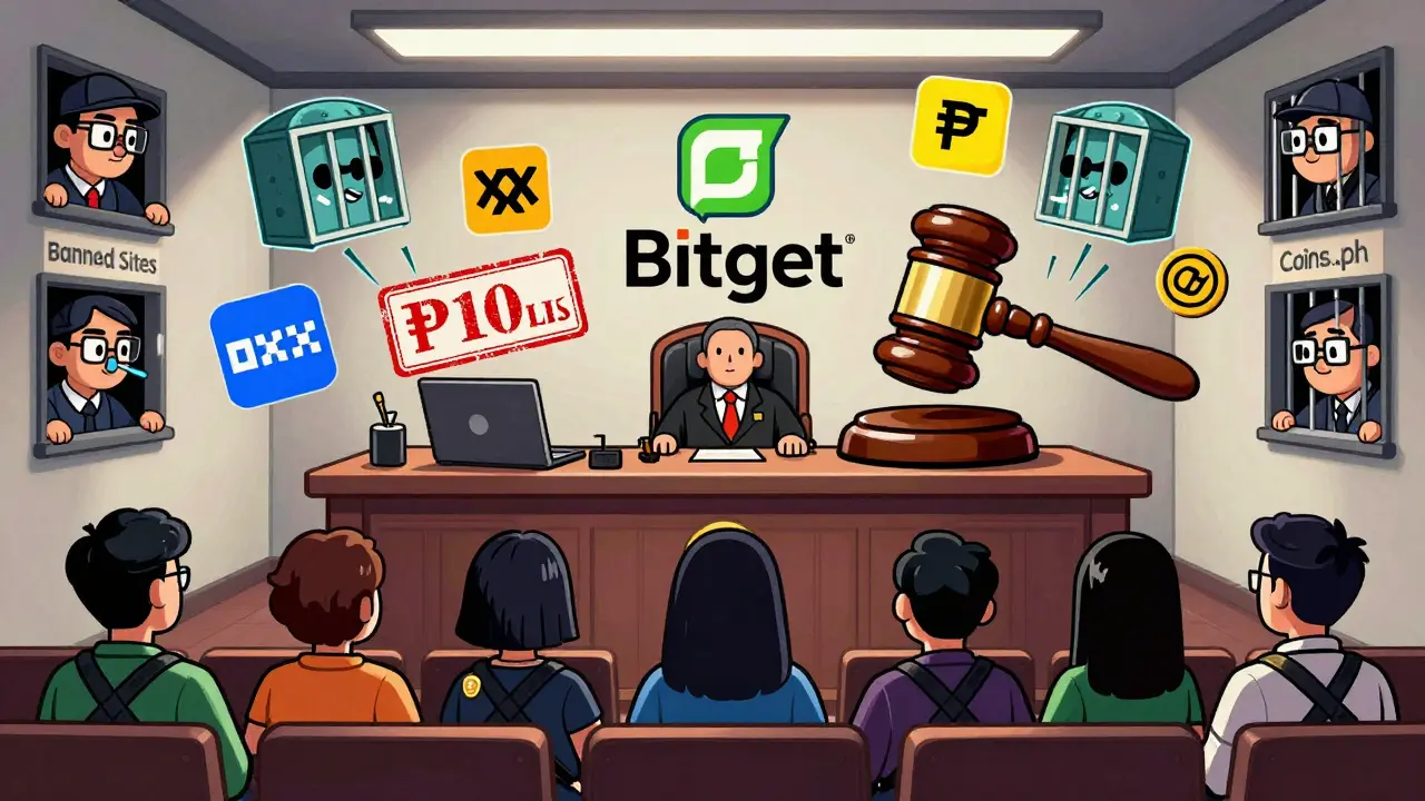 Bitget on trial in a courtroom with other unregistered exchanges in jail cells, while licensed platforms watch calmly.