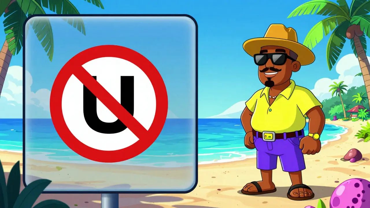 Blocked U.S. user and Seychelles trader accessing HTX in split-screen illustration.