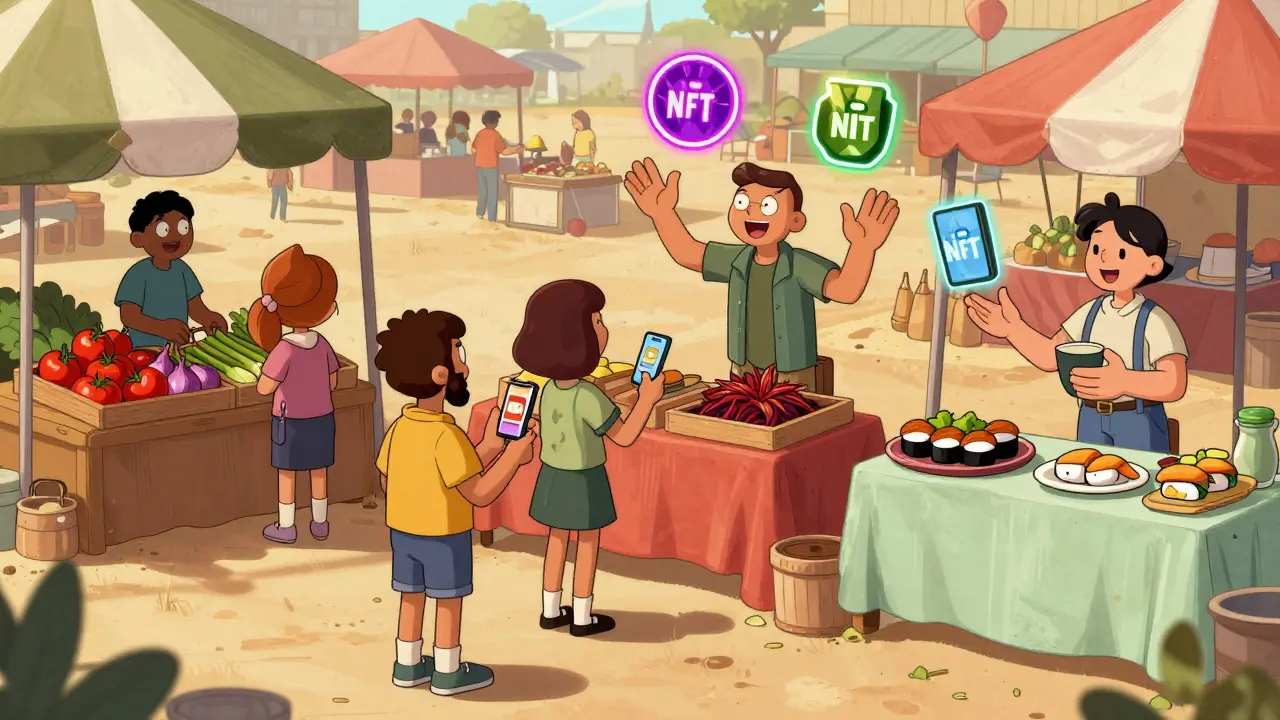 Bustling market trading ingredient and dish NFTs among cartoon characters