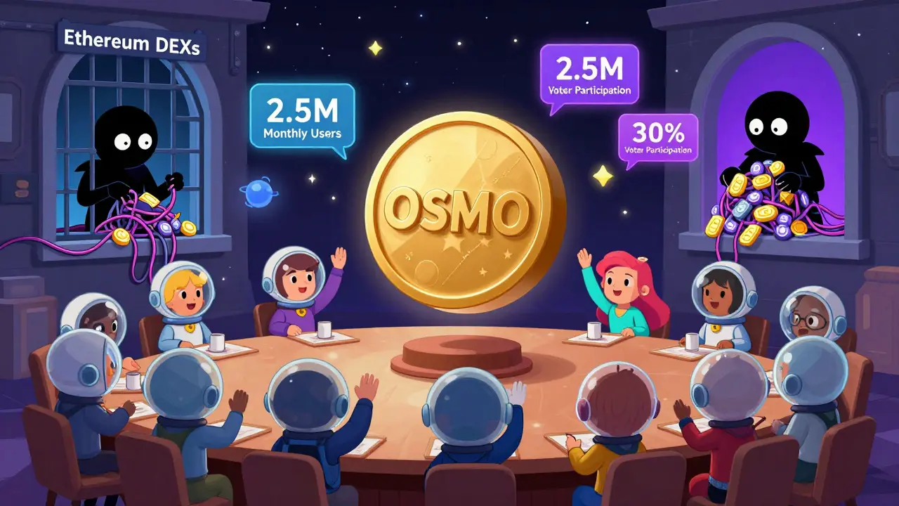 Cosmos token characters voting at a town hall around a giant OSMO ballot, with Ethereum DEXs watching helplessly from outside.