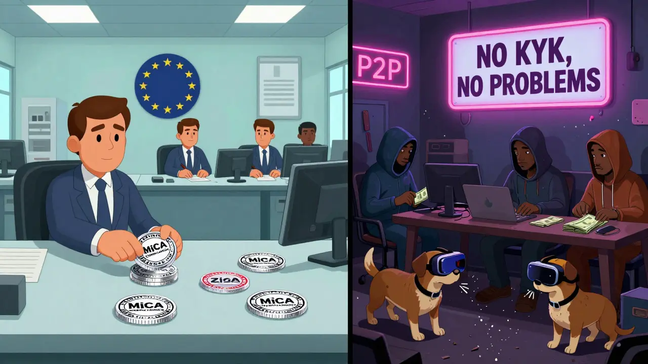 Left: regulators turning Zcash into transparent coins; right: P2P traders in Lagos exchanging Monero for cash.