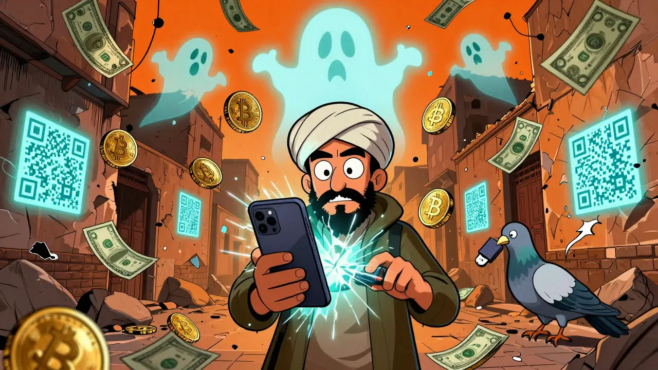 Man trading cash for crypto in a Kabul alley with floating Monero coins and Taliban symbols overhead.