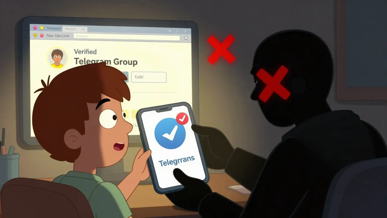 Person safely joining verified Telegram group while shadowy scammer tries to trick them.