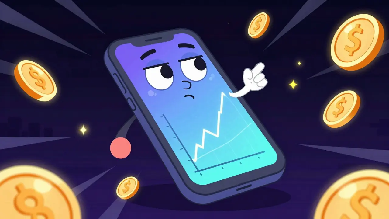 Smartphone displaying abstract trading charts surrounded by altcoin symbols and glowing interest coins.