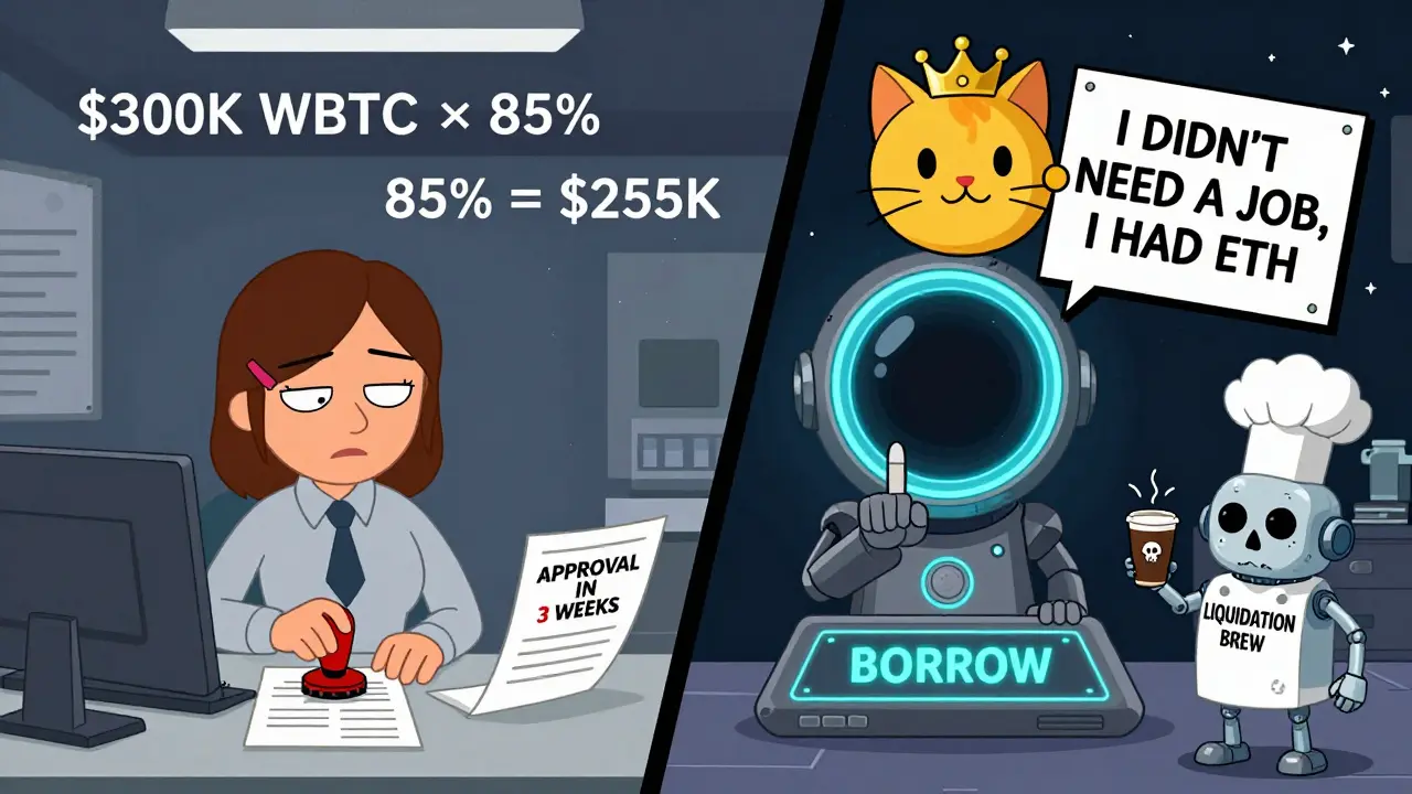 Split scene: a bank teller buried in paperwork vs. a crypto user borrowing instantly in a spaceship interface, with floating math and a cat wearing a crown.