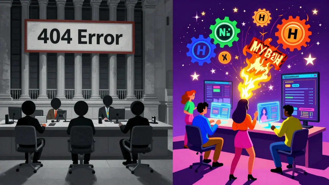 Split-screen contrast between a broken centralized exchange and a vibrant decentralized trading hub.