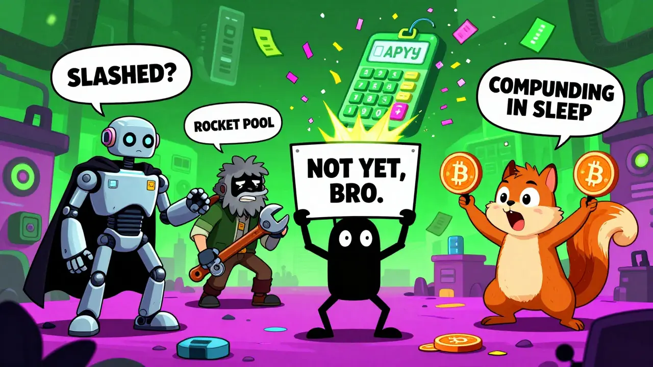 Three staking platforms battle while Bitcoin watches, all in a chaotic neon-lit cartoon battlefield.