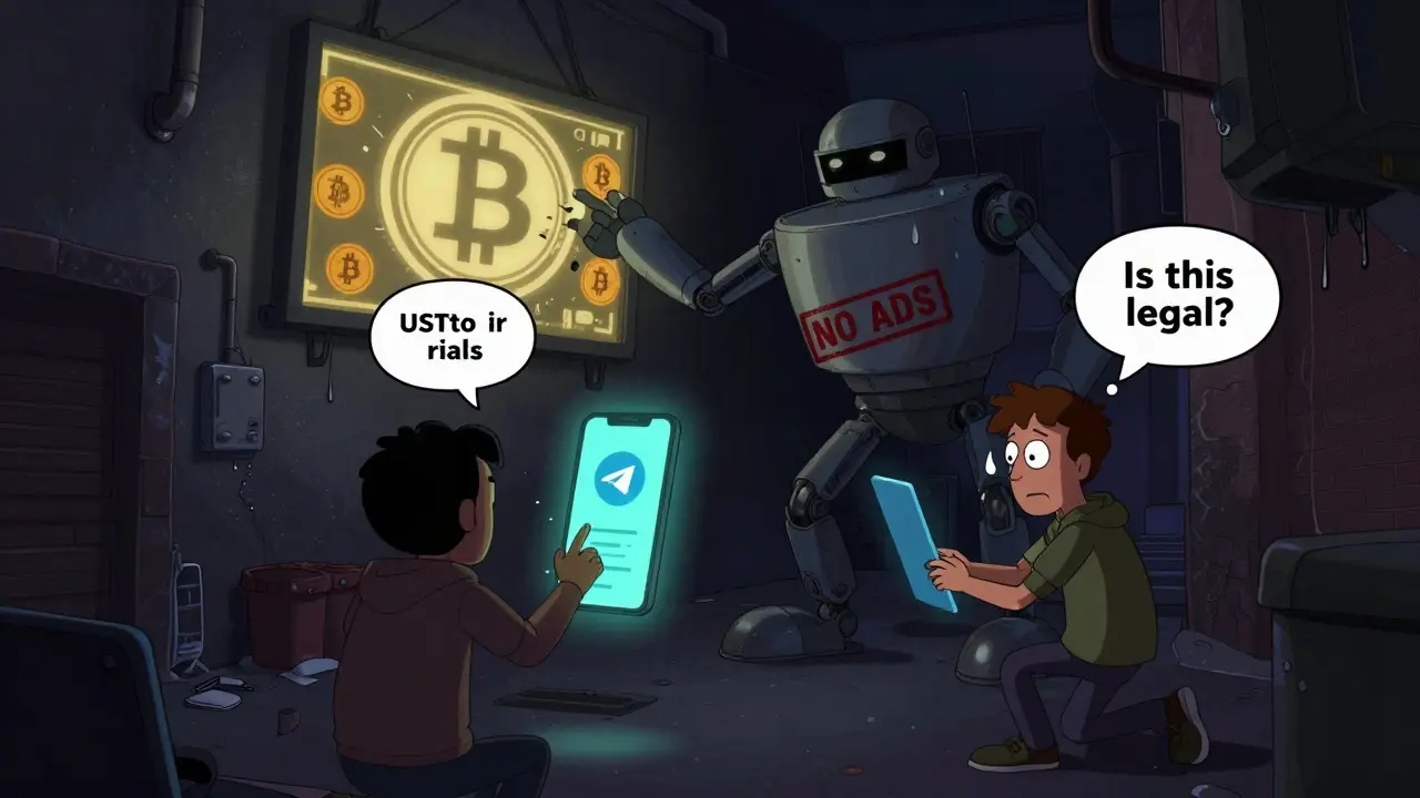 Underground crypto traders exchanging USDT for rials in an alley while a censor robot destroys a Bitcoin ad.