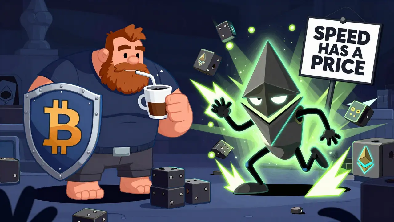 A burly Bitcoin giant calmly sips coffee while a glitchy Ethereum sprite explodes with orphaned blocks, in Adult Swim cartoon style.