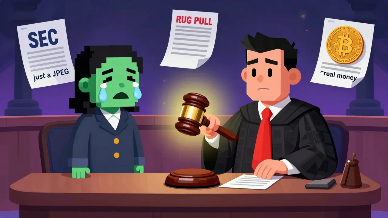 A courtroom scene with a blockchain-robed judge, a crying NFT, and a confident Bitcoin coin testifying as real money.
