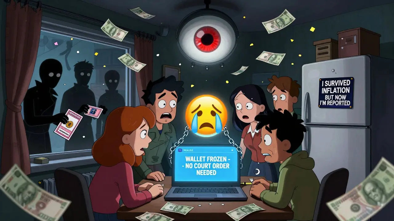 A family watches as their crypto wallet gets frozen by MASAK, with shadowy figures collecting addresses and lira bills turning to confetti.