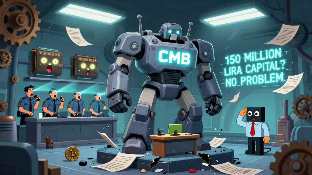 A giant licensed exchange robot crushes smaller crypto platforms under its boot, with inspectors scanning wallets in the background.