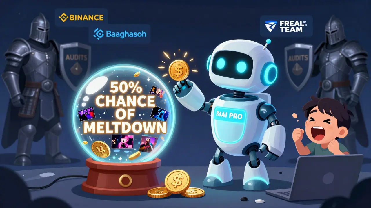 A goofy AI robot fails to predict crypto prices as a user's portfolio burns, while trusted exchanges watch calmly.