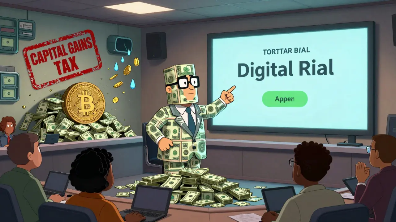 A government official unveiling the Digital Rial app as citizens turn into cash piles, with a tax stamp crushing Bitcoin.