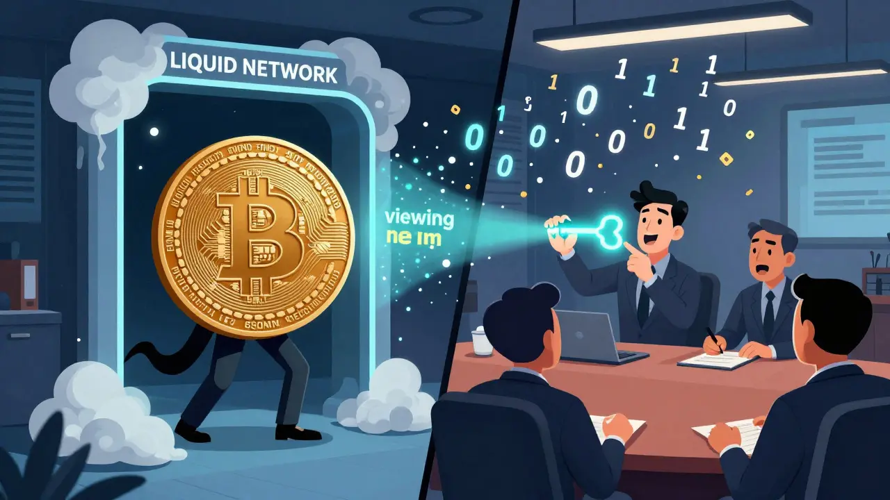 A hedge fund sends a large transaction on Liquid Network while regulators view amounts with a key.