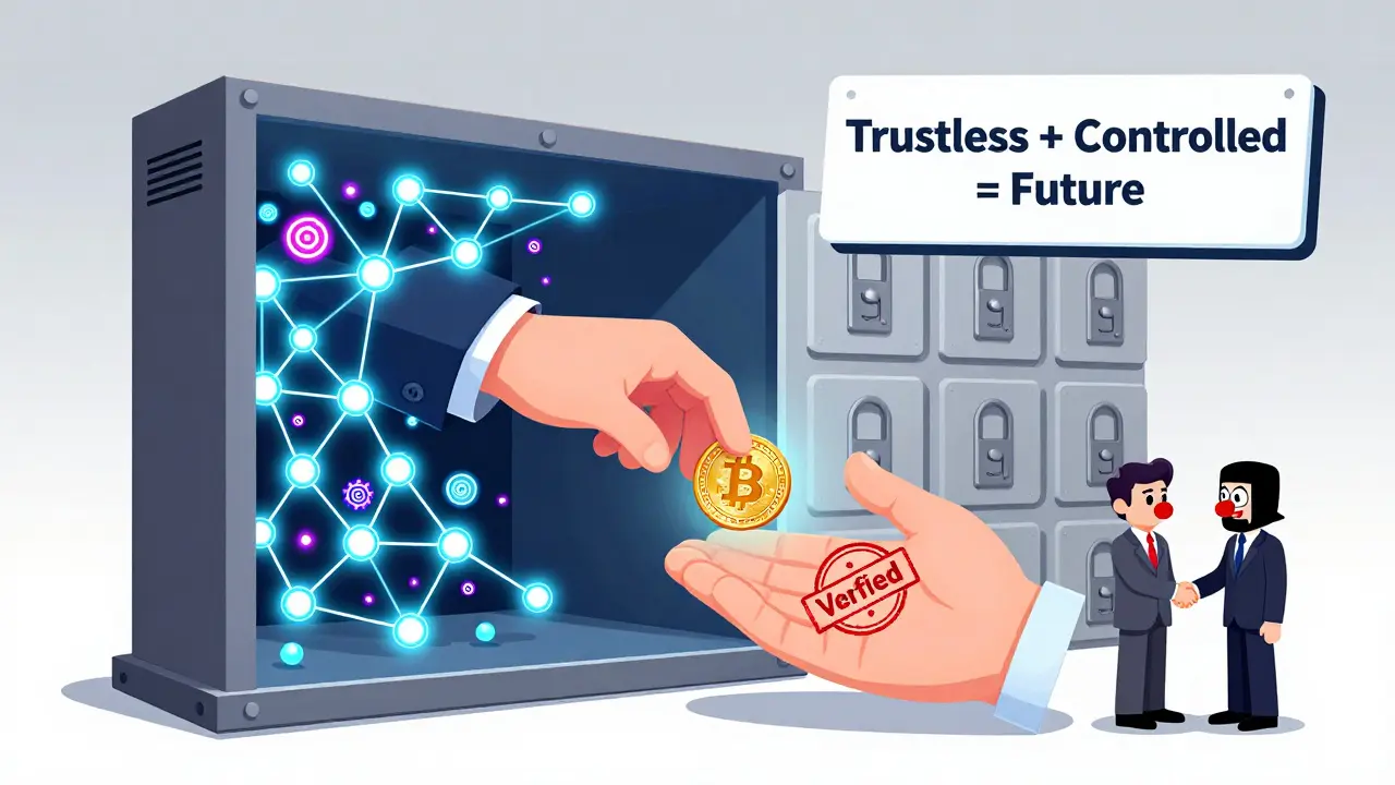 A hybrid blockchain machine merging public and private systems, with hands exchanging a verified crypto coin.