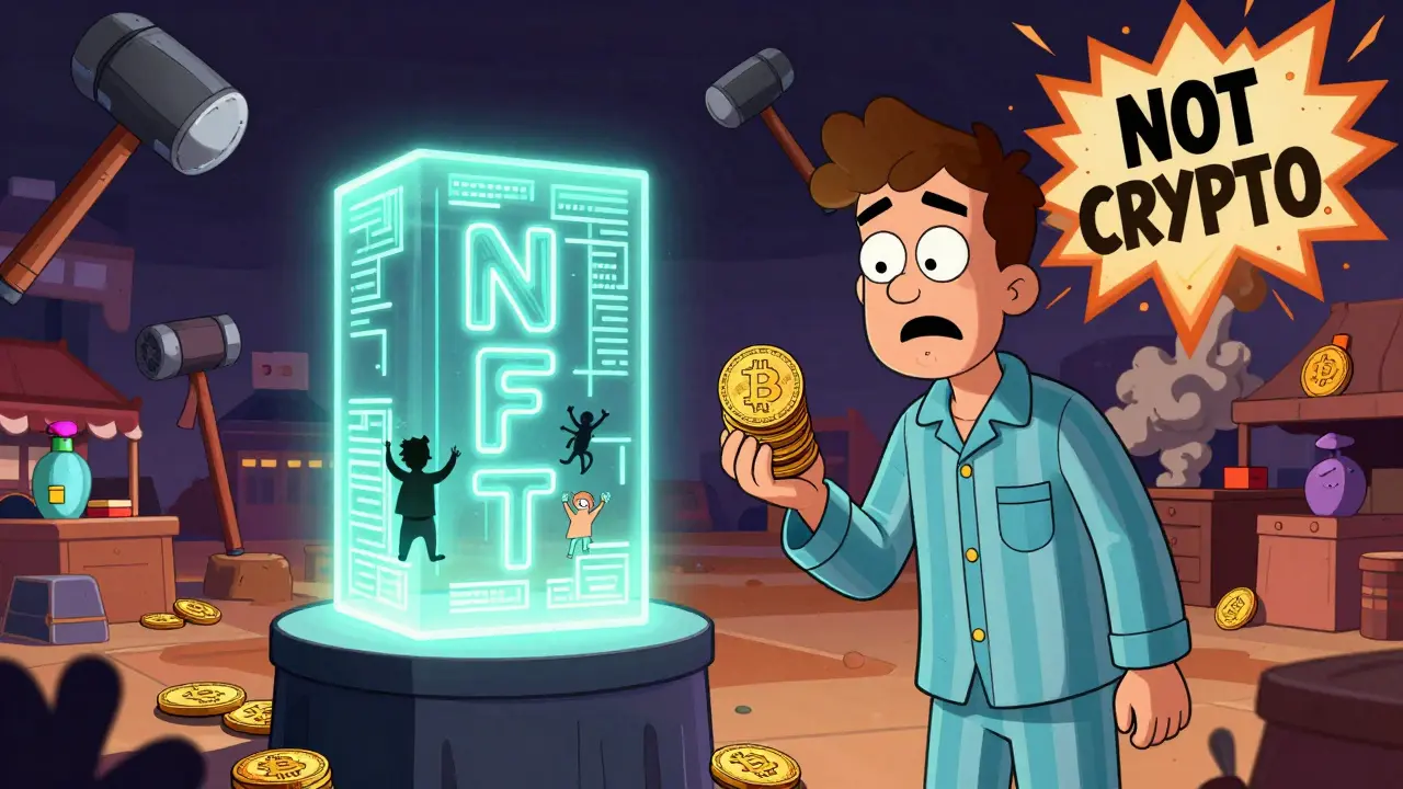 A man in pajamas stares at a glowing NFT while holding identical Bitcoin tokens, surrounded by a chaotic marketplace.