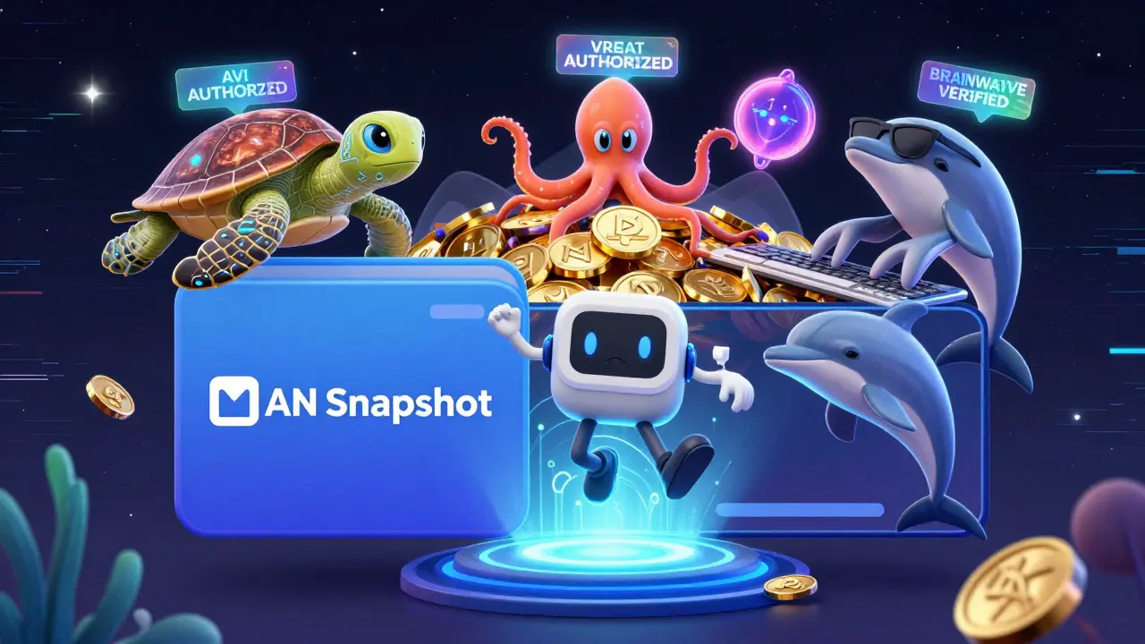 A MetaMask wallet jumps into a portal as MAN tokens transform into marine NFTs like a turtle with AI shell and a squid typing on a keyboard.