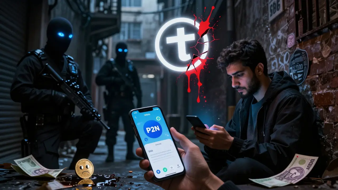 A person using a VPN to trade DAI in a dark alley while shadowy agents scan blockchain trails in the air.